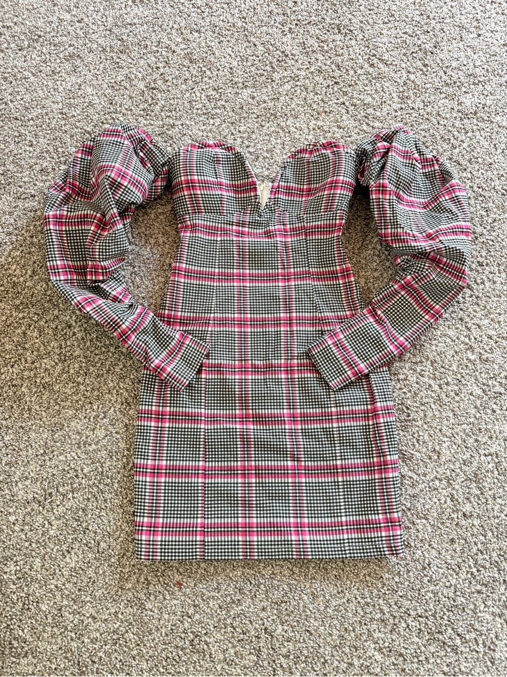 Fashion Nova Pink Black White Plaid Puff Sleeve Sweetheart Mini Dress
